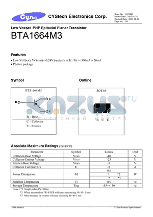 BTA1664M3 datasheet - Low Vcesat PNP Epitaxial Planar Transistor