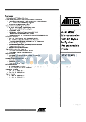 AT90S8515-4PI datasheet - 8-bit Microcontroller with 8K Bytes In-System Programmable Flash