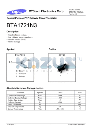 BTA1721N3 datasheet - General Purpose PNP Epitaxial Planar Transistor
