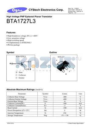 BTA1727L3 datasheet - High Voltage PNP Epitaxial Planar Transistor