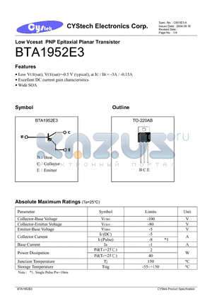 BTA1952E3 datasheet - Low Vcesat PNP Epitaxial Planar Transistor