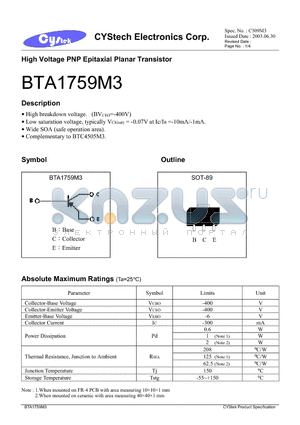 BTA1759M3 datasheet - High Voltage PNP Epitaxial Planar Transistor