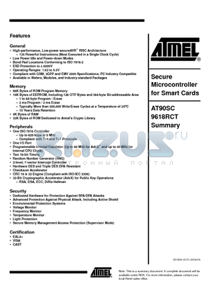 AT90SC9618RCT datasheet - Secure Microcontroller for Smart Cards