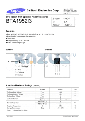 BTA1952I3 datasheet - Low Vcesat PNP Epitaxial Planar Transistor
