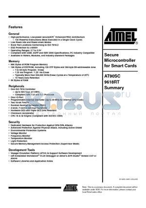 AT90SC9618RT datasheet - Secure Microcontroller for Smart Cards