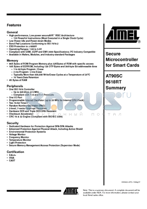 AT90SC9618RT datasheet - Secure Microcontroller for Smart Cards