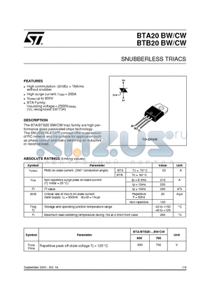 BTA20-600CW datasheet - SNUBBERLESS TRIACS