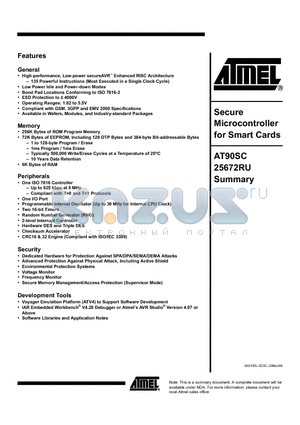 AT90SC25672RU datasheet - Secure Microcontroller for Smart Cards