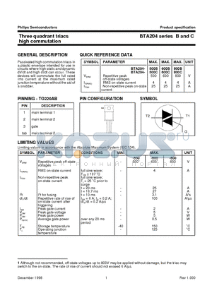 BTA204-500D datasheet - Three quadrant triacs guaranteed commutation