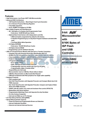 AT90USB162 datasheet - 8-bit Microcontroller with 8/16K Bytes of ISP Flash and USB Controller