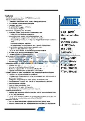 AT90USB647 datasheet - 8-bit Microcontroller with 64/128K Bytes of ISP Flash and USB Controller