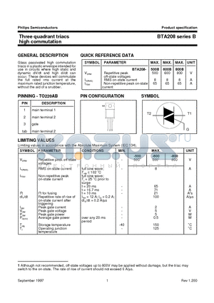 BTA208B datasheet - Three quadrant triacs high commutation