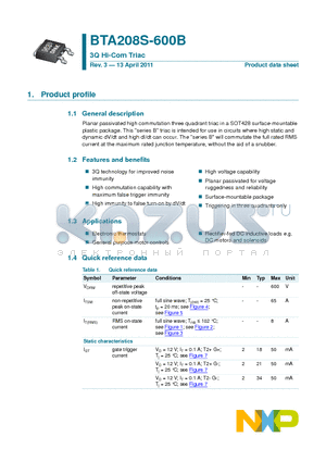 BTA208S-600B datasheet - 3Q Hi-Com Triac Triggering in three quadrants only