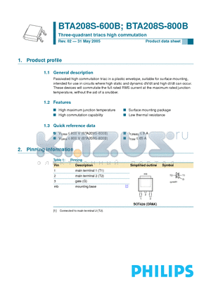 BTA208S-800B datasheet - Three-quadrant triacs high commutation