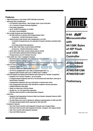 AT90USB1287 datasheet - 8-bit Microcontroller with 64/128K Bytes of ISP Flash and USB Controller