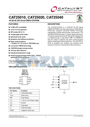 CAT25010 datasheet - 1K/2K/4K SPI Serial CMOS EEPROM