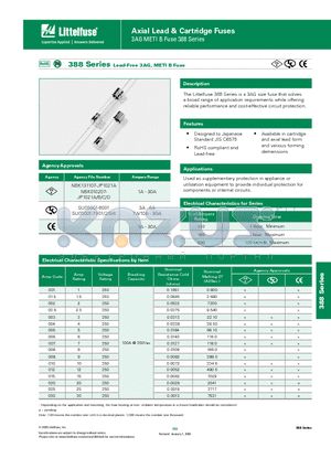 038801.5MXP datasheet - 388 Series Lead-Free 3AG, METI B Fuse