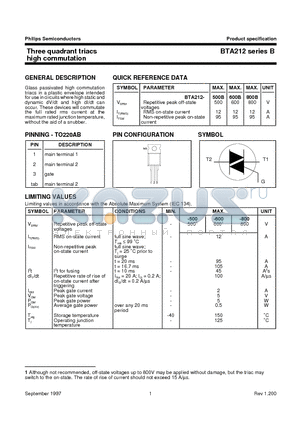 BTA212B datasheet - Three quadrant triacs guaranteed commutation