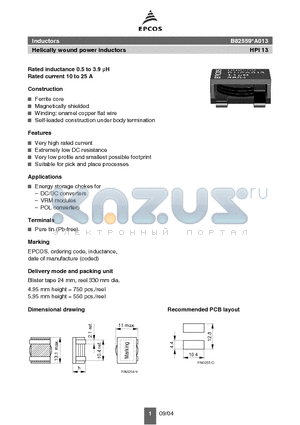 B82559A0142A013 datasheet - Helically wound power inductors