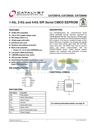 CAT25010ZE-GT3 datasheet - 1-Kb, 2-Kb and 4-Kb SPI Serial CMOS EEPROM