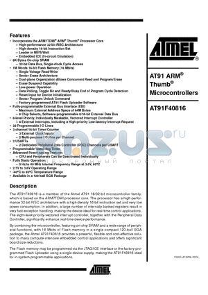 AT91F40816-33CI datasheet - ARM Thumb Microcontrollers
