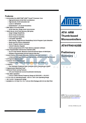 AT91FR40162SB datasheet - AT91 ARM Thumb-based Microcontrollers