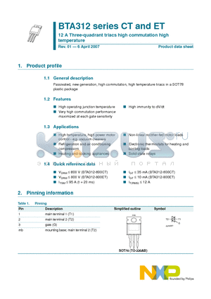 BTA312 datasheet - 12 A Three-quadrant triacs high commutation high temperature