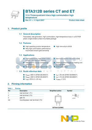 BTA312B datasheet - 12 A Three-quadrant triacs high commutation high temperature