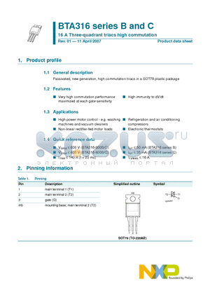 BTA316-600C datasheet - 16 A Three-quadrant triacs high commutation