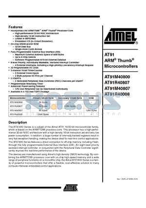 AT91M40807 datasheet - AT91 ARM Thumb Microcontrollers