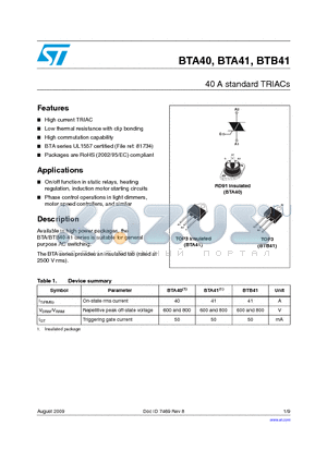 BTA40-600B datasheet - 40 A standard TRIACs