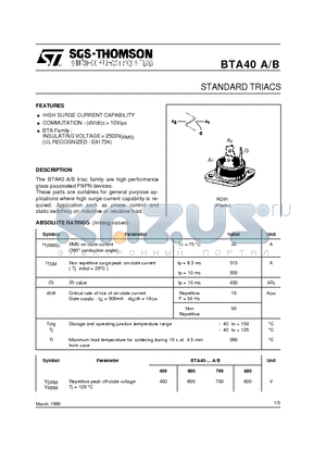 BTA40A datasheet - STANDARD TRIACS