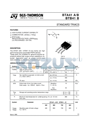 BTA41-400B datasheet - STANDARD TRIACS