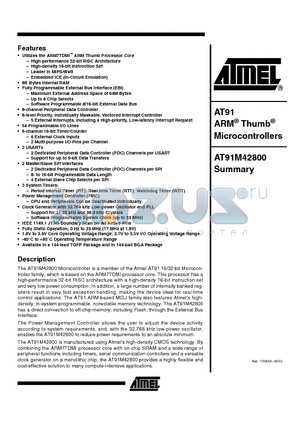 AT91M42800 datasheet - AT91 ARM Thumb Microcontrollers