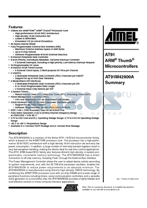 AT91M42800A datasheet - AT91 ARM Thumb Microcontrollers