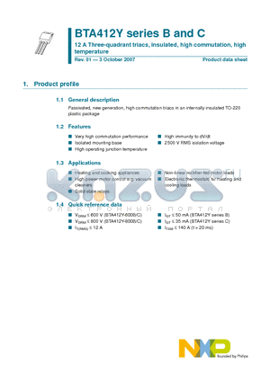 BTA412Y datasheet - 12 A Three-quadrant triacs, insulated, high commutation, high temperature