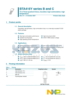 BTA416Y-600B datasheet - 16 A Three-quadrant triacs, insulated, high commutation, high temperature