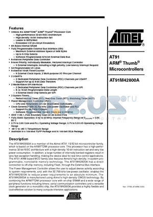 AT91M42800A_0203 datasheet - AT91 ARM Thumb Microcontrollers