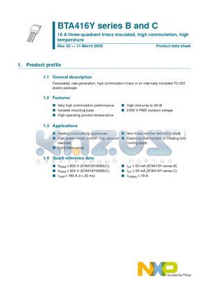 BTA416Y-800C datasheet - 16 A three-quadrant triacs insulated, high commutation, high temperature