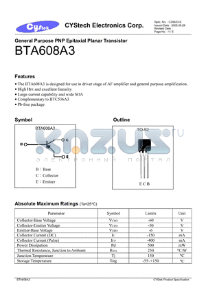 BTA608A3 datasheet - General Purpose PNP Epitaxial Planar Transistor