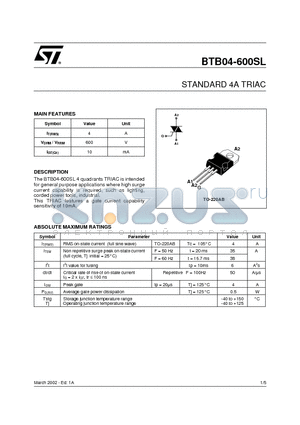 BTB04-600SL datasheet - STANDARD 4A TRIAC