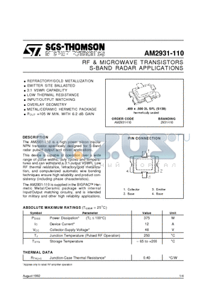 AM2931-110 datasheet - S-BAND RADAR APPLICATIONS RF & MICROWAVE TRANSISTORS