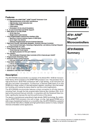 AT91R40008-66AI datasheet - Incorporates the ARM7TDM ARM Thumb Processor Core