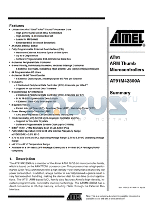 AT91M42800A-33AU datasheet - AT91 ARM Thumb Microcontrollers
