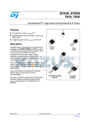 BTB08-600BWRG datasheet - Snubberless, logic level and standard 8 A Triacs