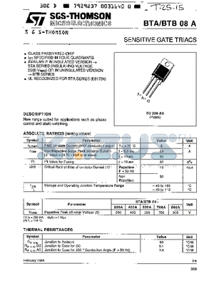 BTB08A-700A datasheet - SENSITIVE GATE TRIACS