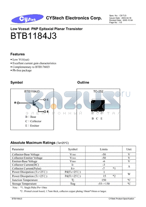BTB1184J3 datasheet - Low Vcesat PNP Epitaxial Planar Transistor