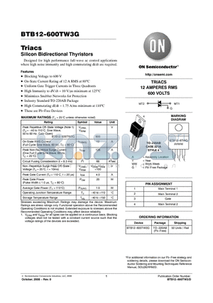 BTB12-600TW3G datasheet - Triacs Silicon Bidirectional Thyristors