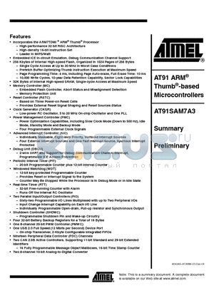 AT91SAM7A3 datasheet - AT91 ARM Thumb-based Microcontrollers
