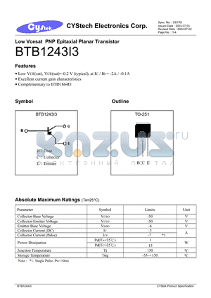 BTB1243I3 datasheet - Low Vcesat PNP Epitaxial Planar Transistor